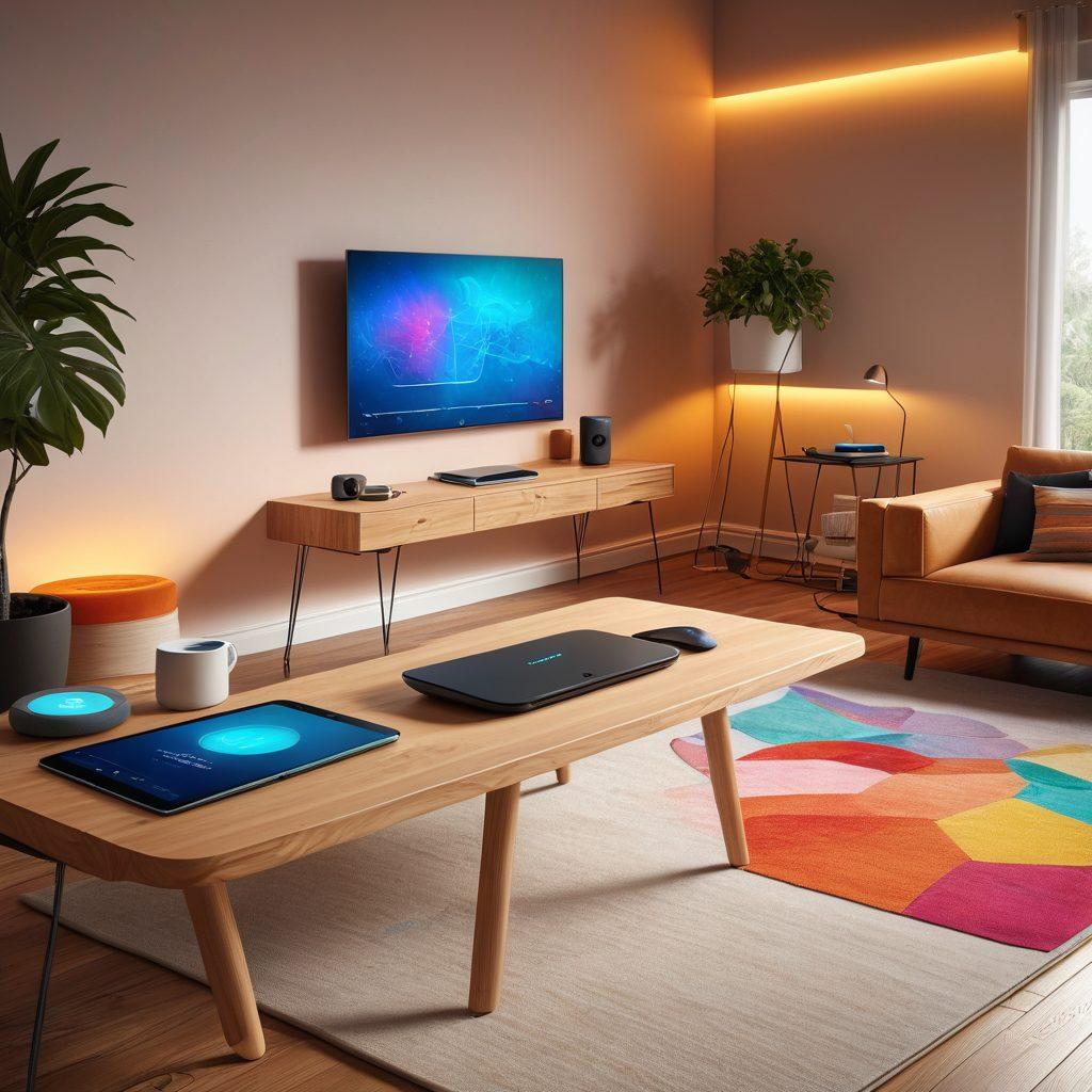 A cozy home office setup with a sleek modern router emitting vibrant signals, surrounded by various smart devices like a laptop, tablet, and smart speakers. A graph showing increasing internet speed overlays the scene, set against a backdrop of a comfortable living room. Include bright colors and a dynamic feel to emphasize innovation and connectivity. super-realistic. vibrant colors. 3D.