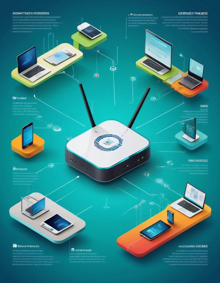 A detailed infographic showcasing a wireless router setup with various devices connected, illustrating installation steps, signal strength optimization, and security tips. Incorporate icons representing Wi-Fi signals, technical gears, and user interfaces to emphasize mastery in wireless technology. The background should be a gradient of blue and green, symbolizing technology, with clear, bold typography highlighting key terms. Vector art. vibrant colors.
