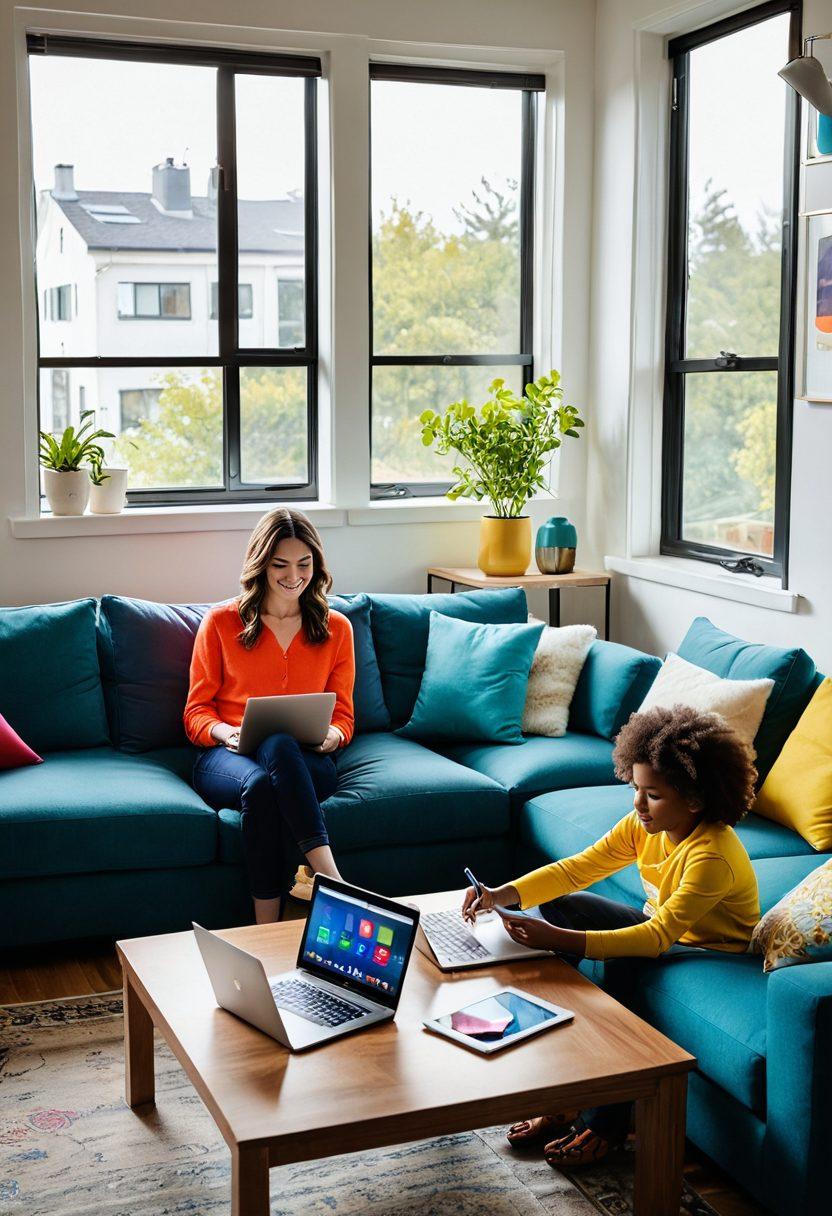 A cozy home setting featuring a family enjoying fast WiFi on various devices like laptops, tablets, and smartphones. Include visible WiFi signal strength indicators and a sleek router in the foreground. The background showcases a bright and modern living space. Emphasize vibrant colors and a sense of connectivity and happiness. super-realistic. vibrant colors. cozy atmosphere.